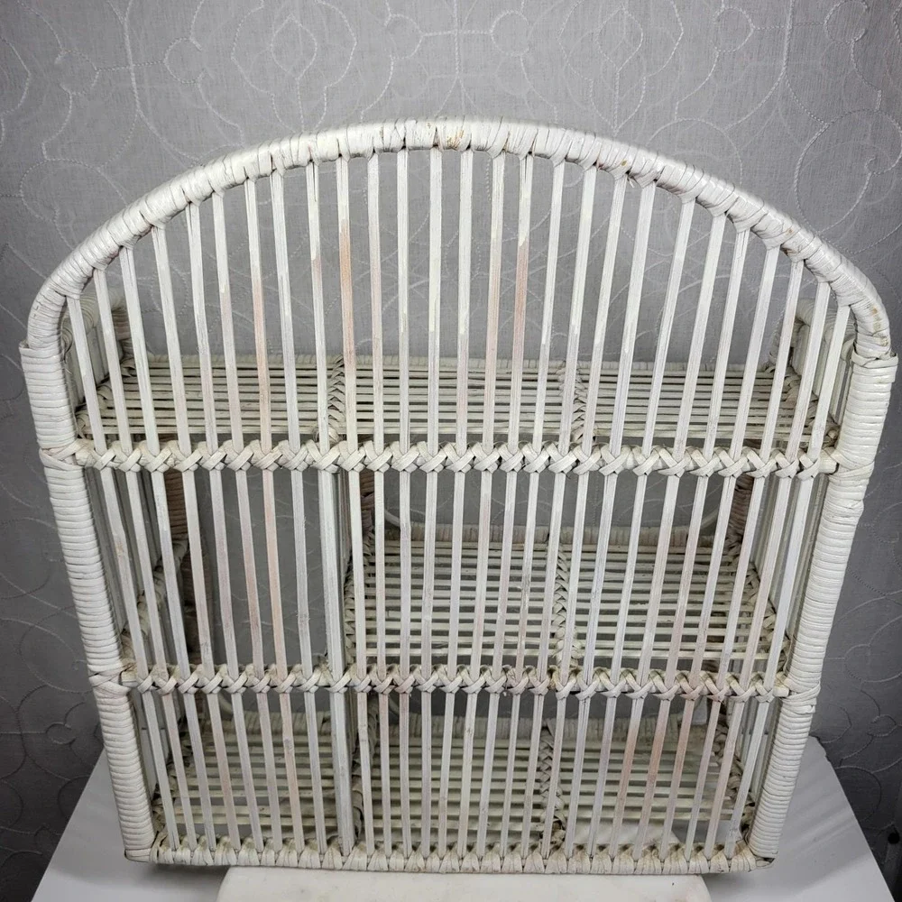 VTG Wrapped Rattan Wicker Shelf White Arched 3 Tier Boho Storage Cabinet